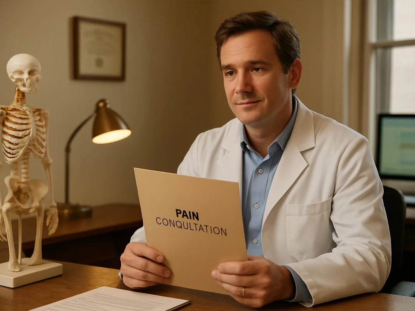 A doctor in a white coat holds a folder labeled “PAIN CONSULTATION” beside a skeleton model in an office