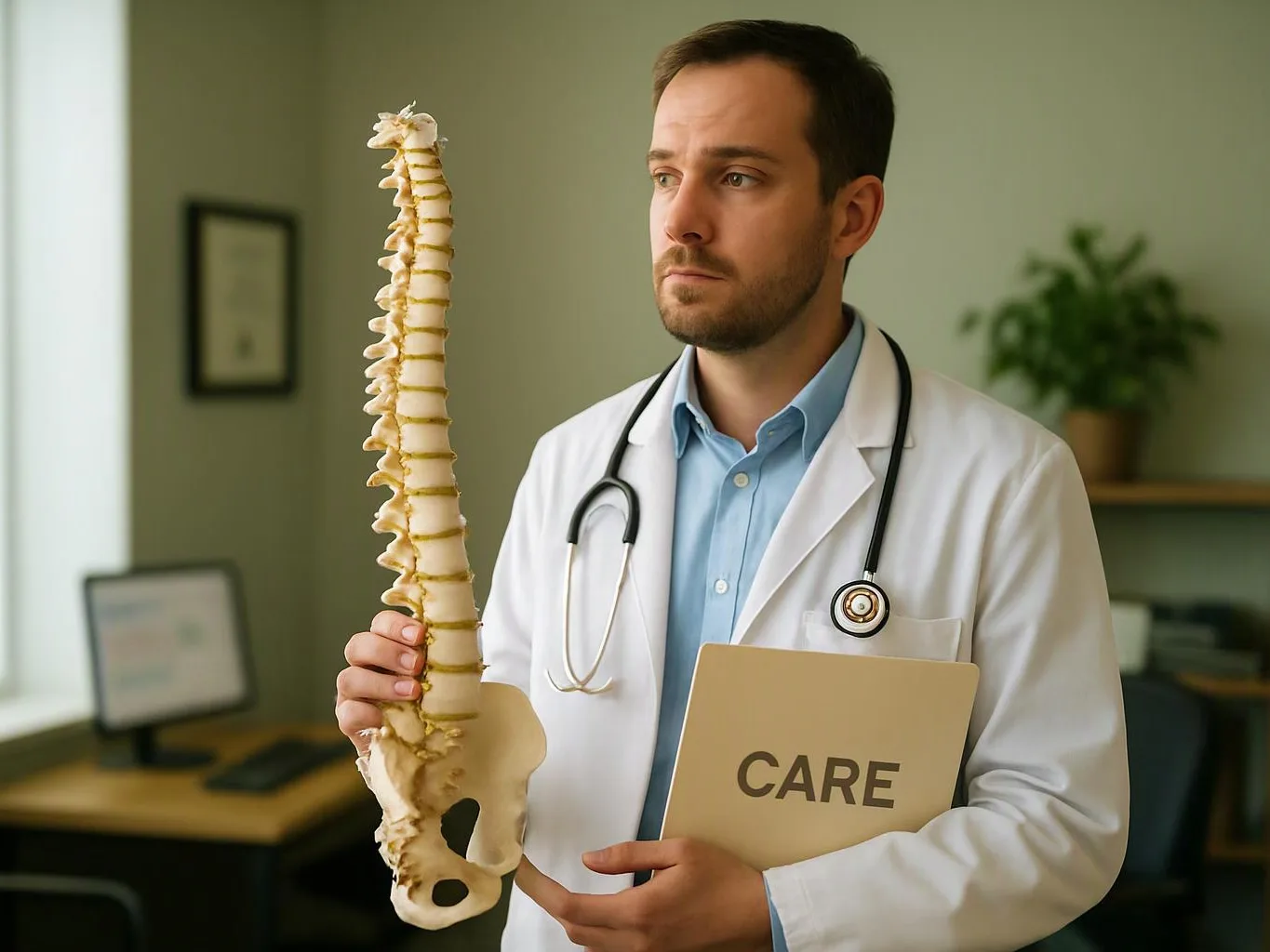 A doctor in a white coat holds a spine model and a folder labeled “CARE” in a clinic office