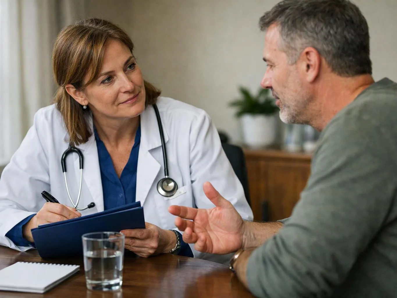 A doctor in a white coat listens and takes notes while talking with a man at a table