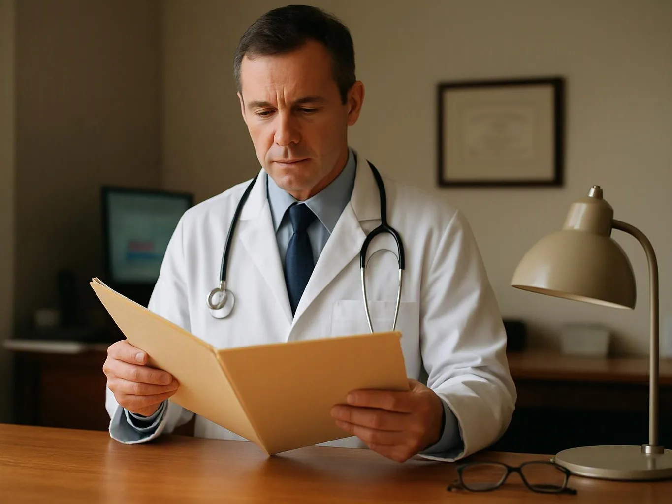 A doctor in a white coat reads a manila folder at a desk beside a lamp and glasses
