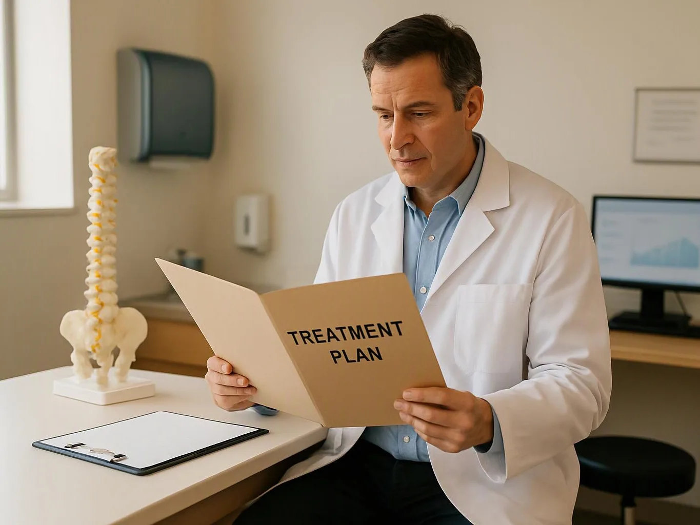 A doctor in a white coat reads a treatment plan in a bright exam room, with a spine model and clipboard nearby