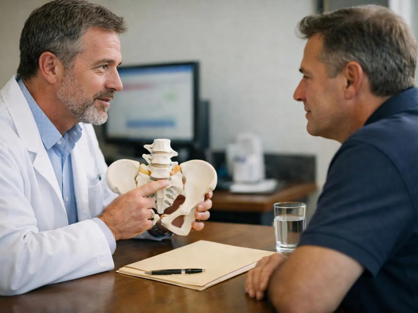A doctor in a white coat shows a pelvis model to a seated man across a desk