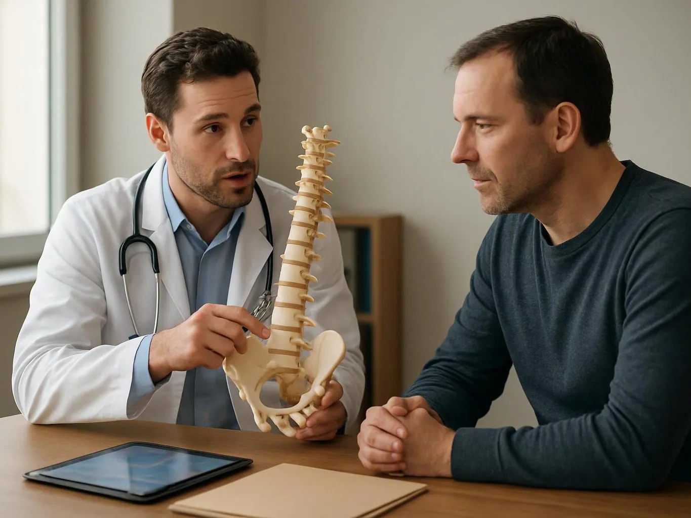 A doctor in a white coat shows a spine model to a seated man across a desk in a clinic room