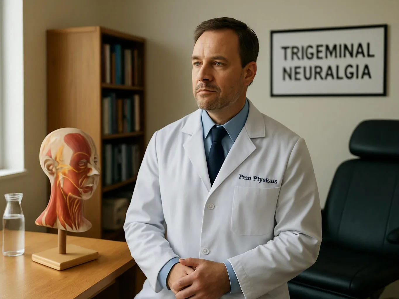 A doctor in a white coat sits beside an anatomical head model in a clinic office with a trigeminal neuralgia sign
