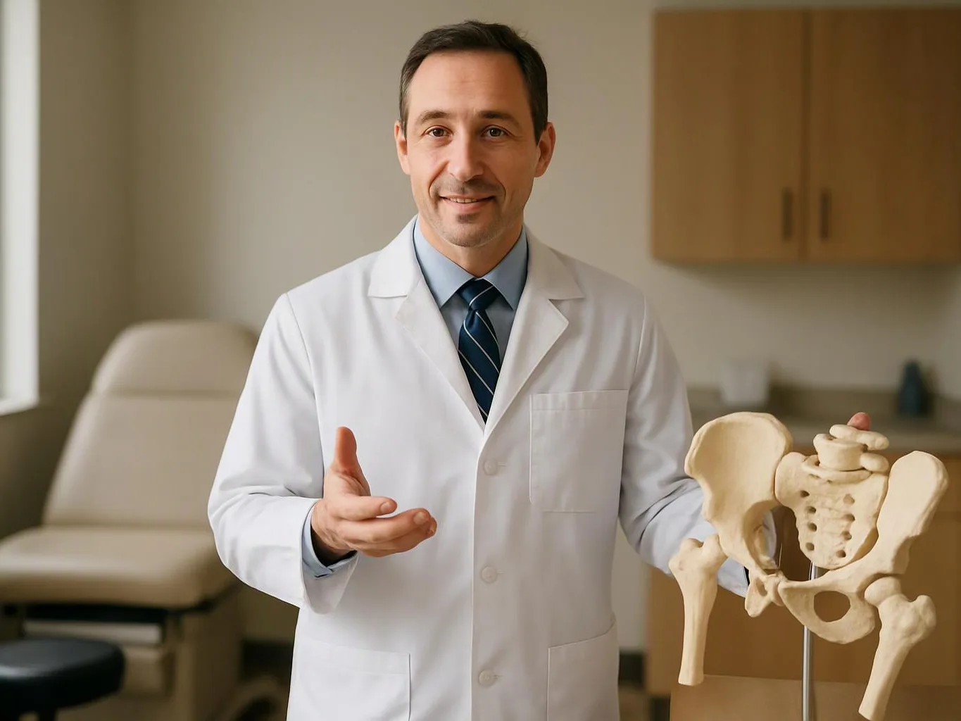 A doctor in a white coat smiles in an exam room beside a pelvis bone model