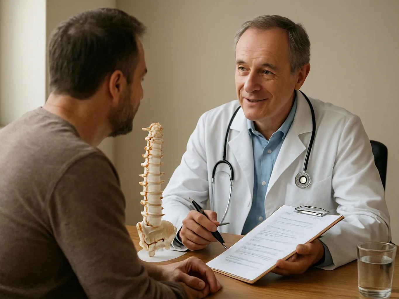 A doctor in a white coat speaks with a man across a desk beside a spine model