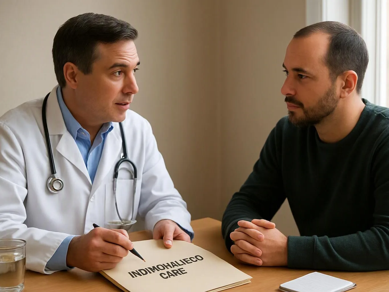 A doctor in a white coat speaks with a man at a table, with a folder and glass of water nearby