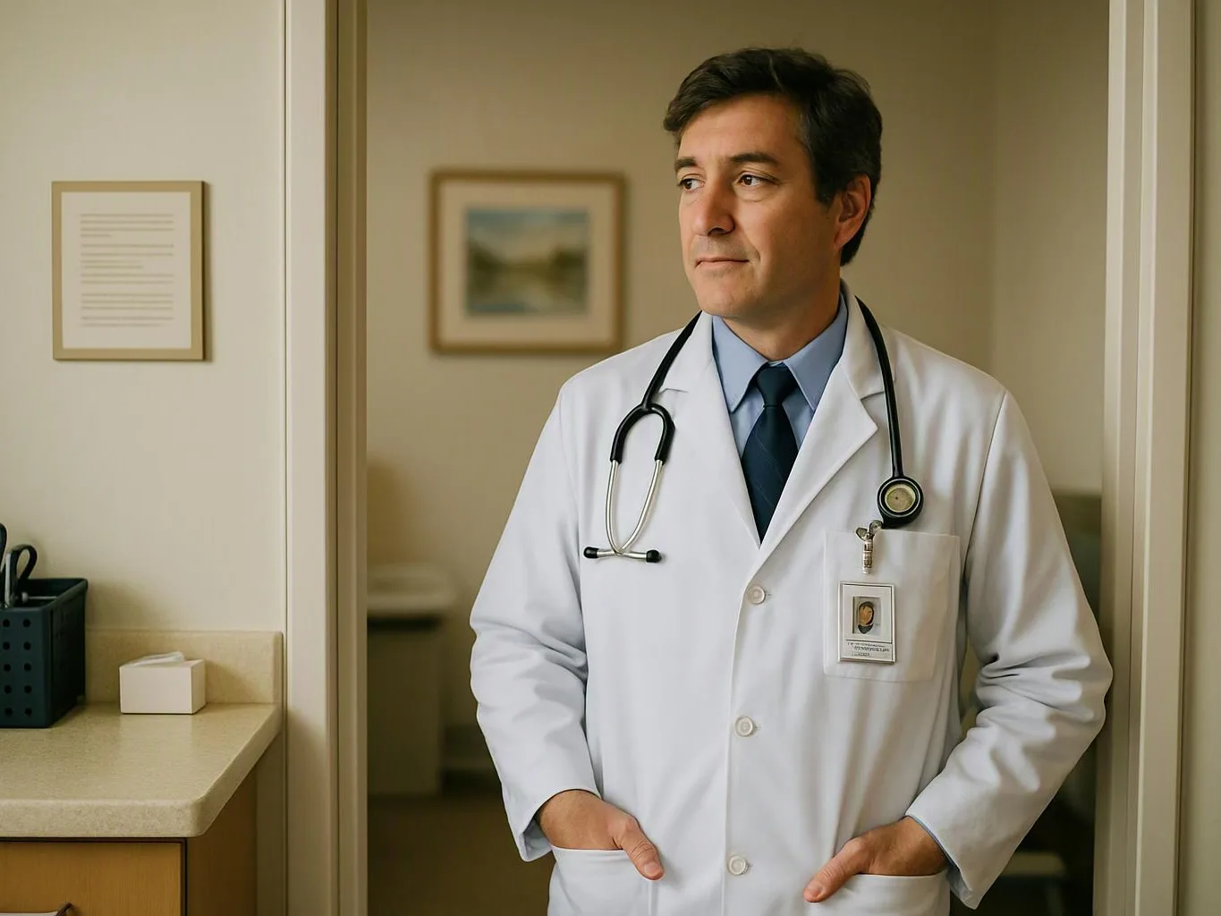 A doctor in a white coat stands in a clinic doorway with a stethoscope around his neck