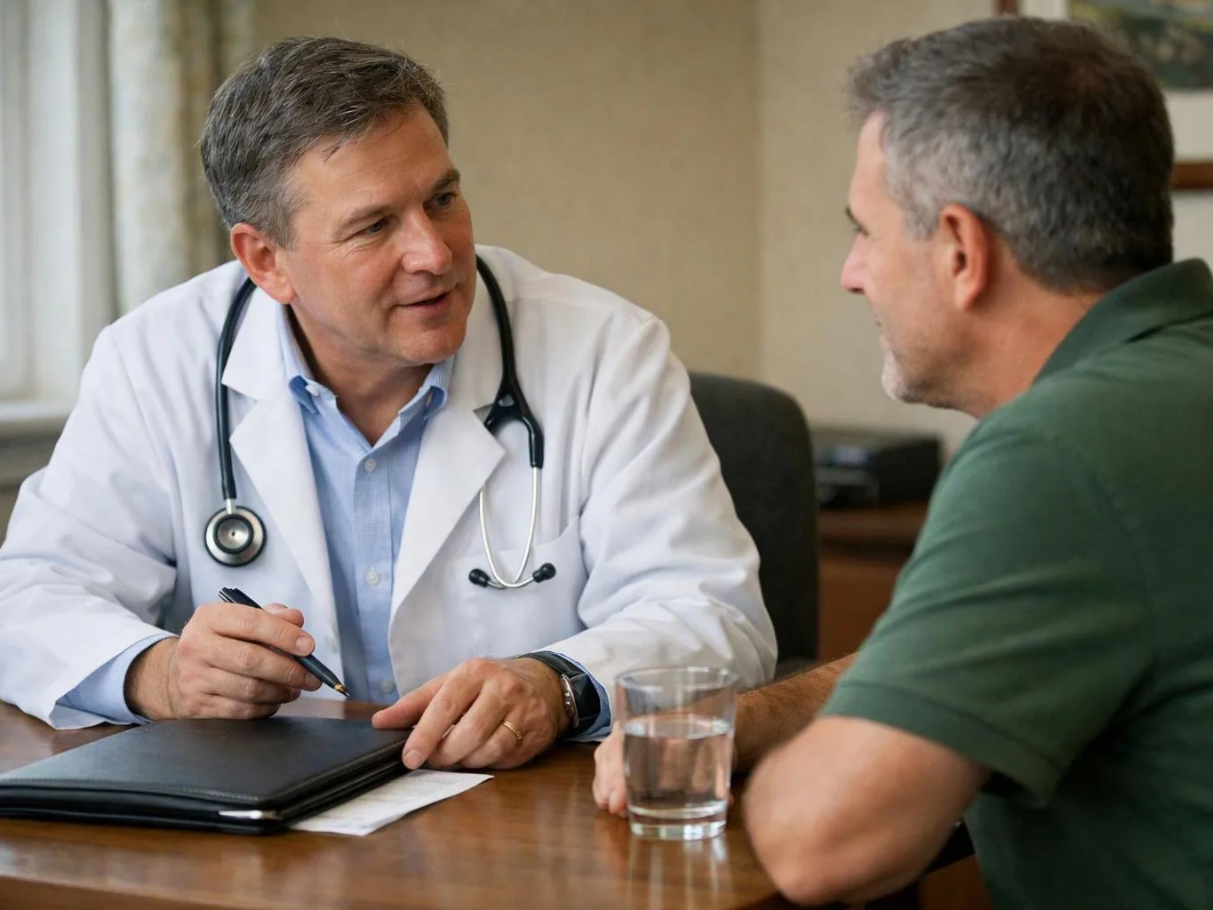 A doctor in a white coat talks with a man across a desk in a clinic room