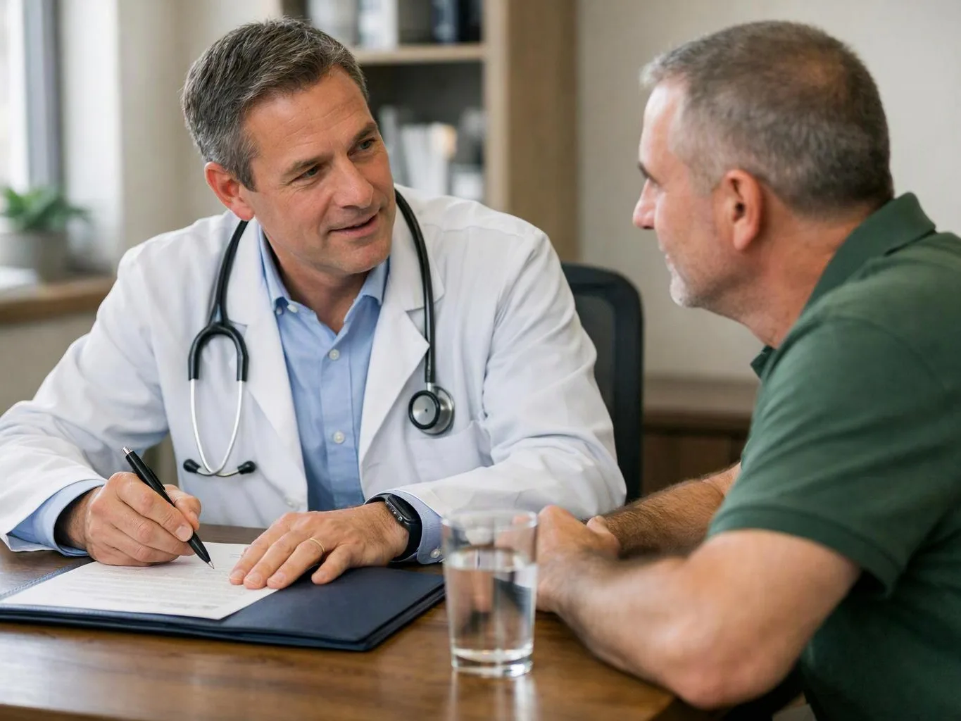 A doctor in a white coat talks with a man across a desk while writing on paperwork