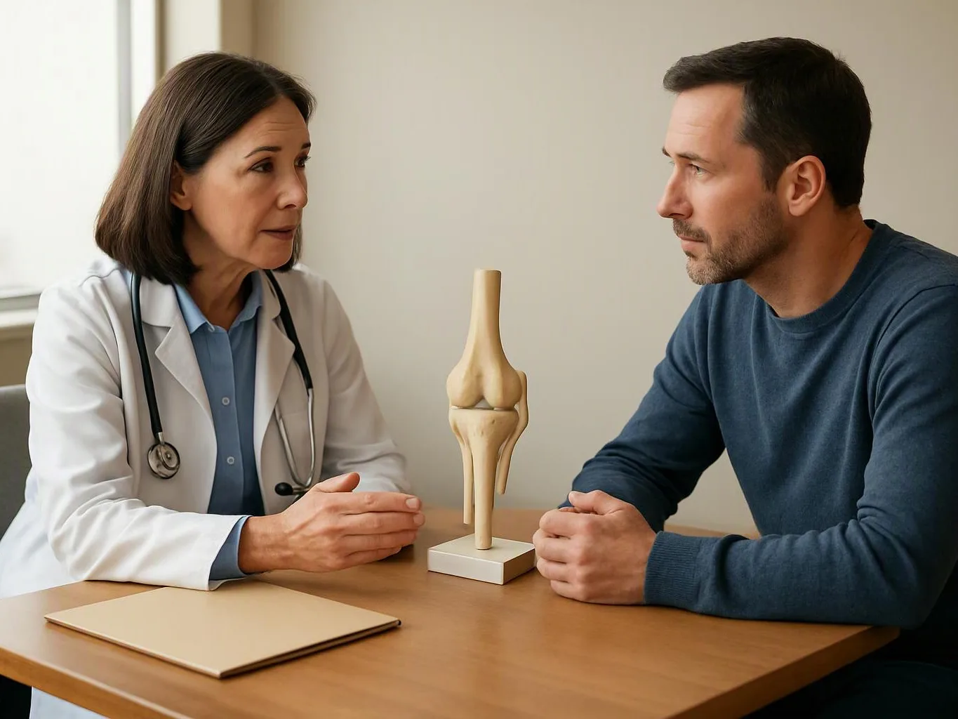 A doctor in a white coat talks with a man across a table, with a knee joint model between them
