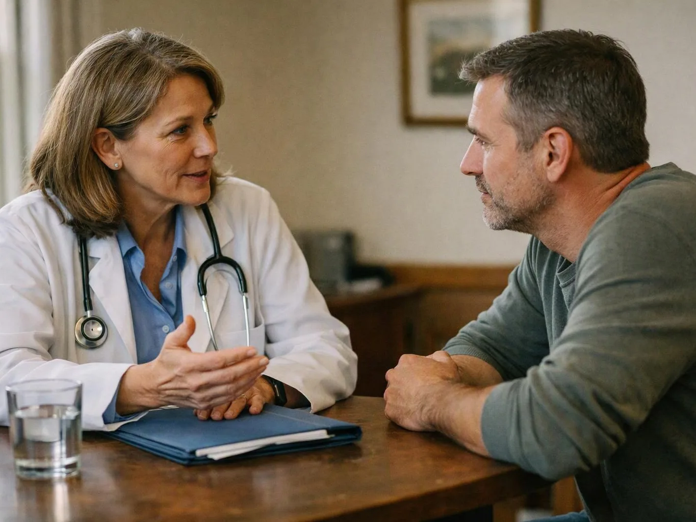 A doctor in a white coat talks with a man across a wooden table in a clinic room