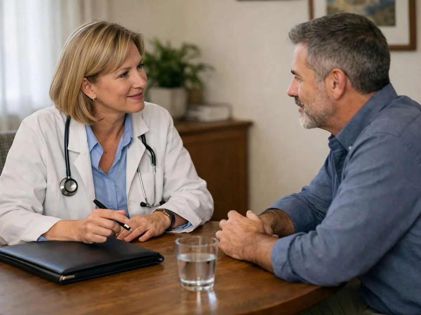 A doctor in a white coat talks with a man across a wooden table in a clinic room