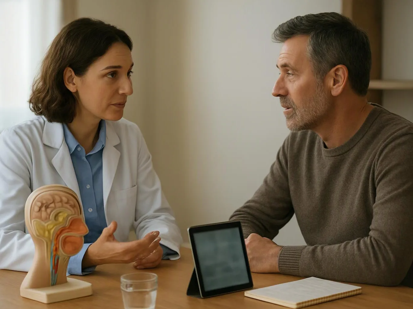 A doctor in a white coat talks with a man at a desk, with a brain model and tablet nearby