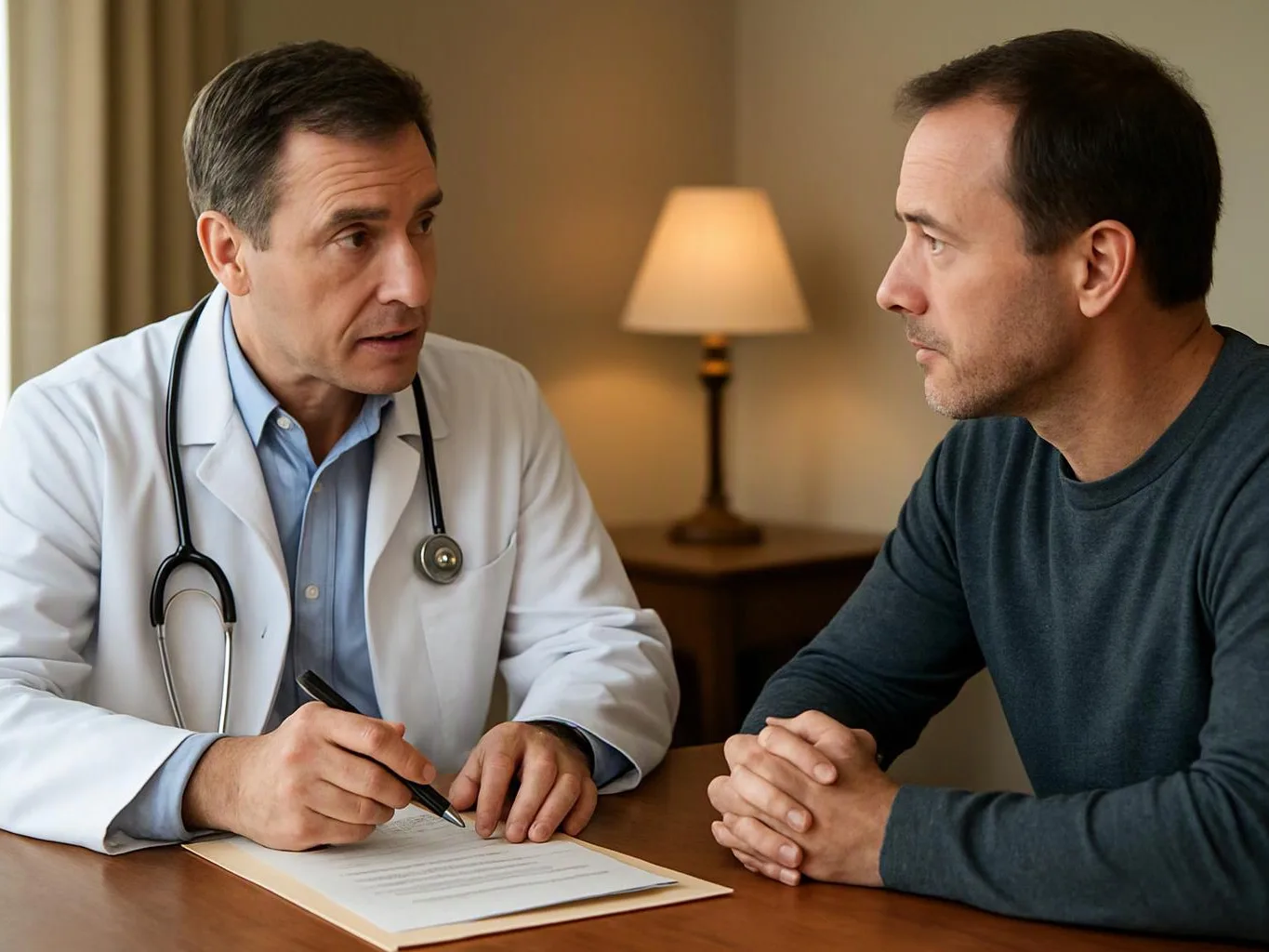 A doctor in a white coat talks with a man at a table beside a lit lamp