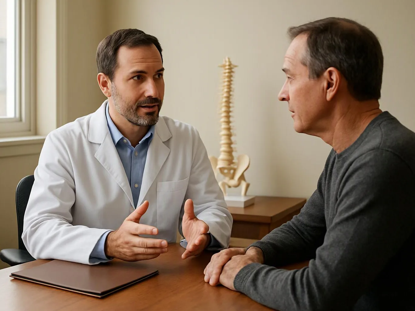 A doctor in a white coat talks with a seated man across a desk in a clinic room