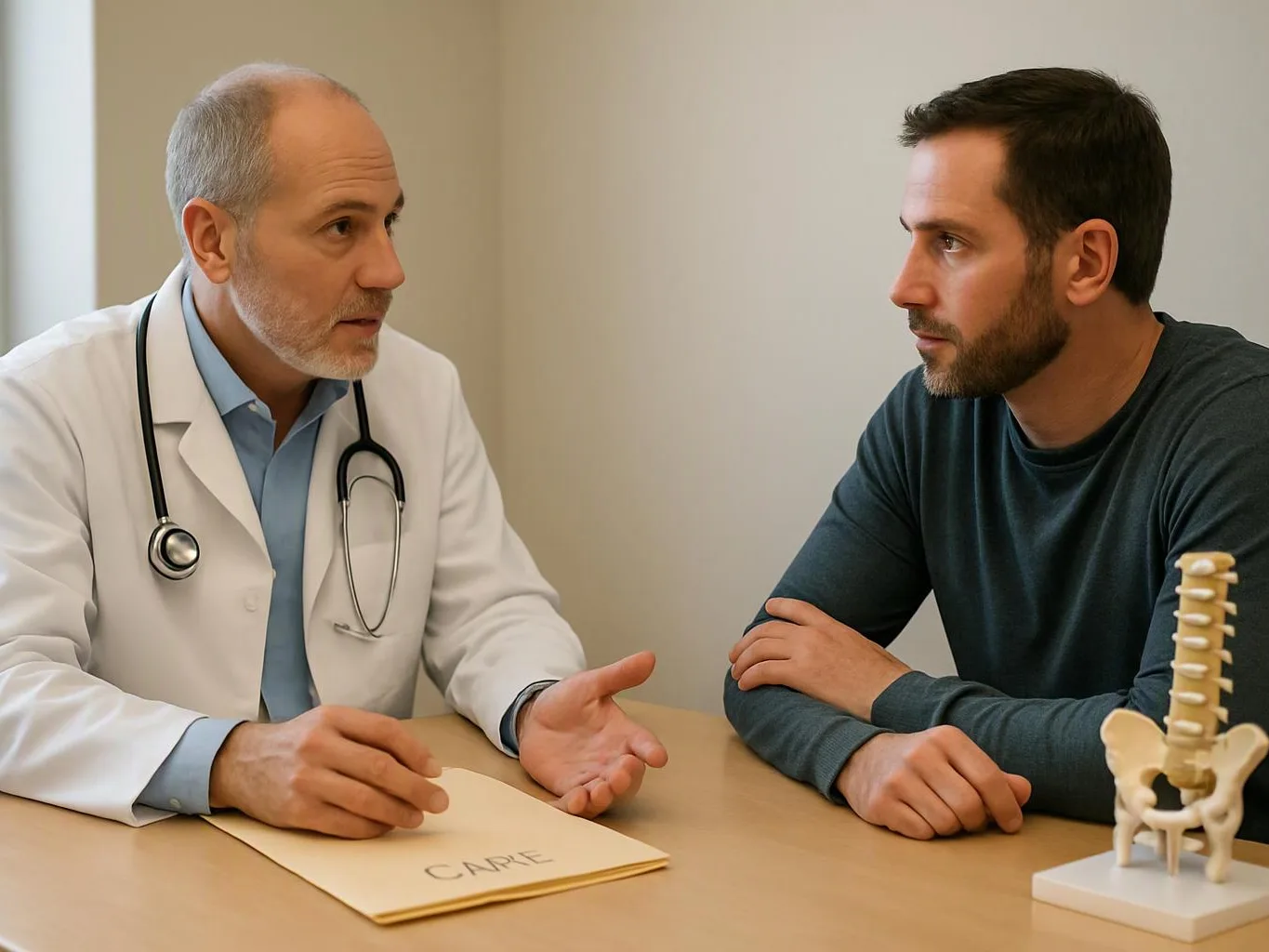A doctor in a white coat talks to a seated man across a desk, with a spine model beside them