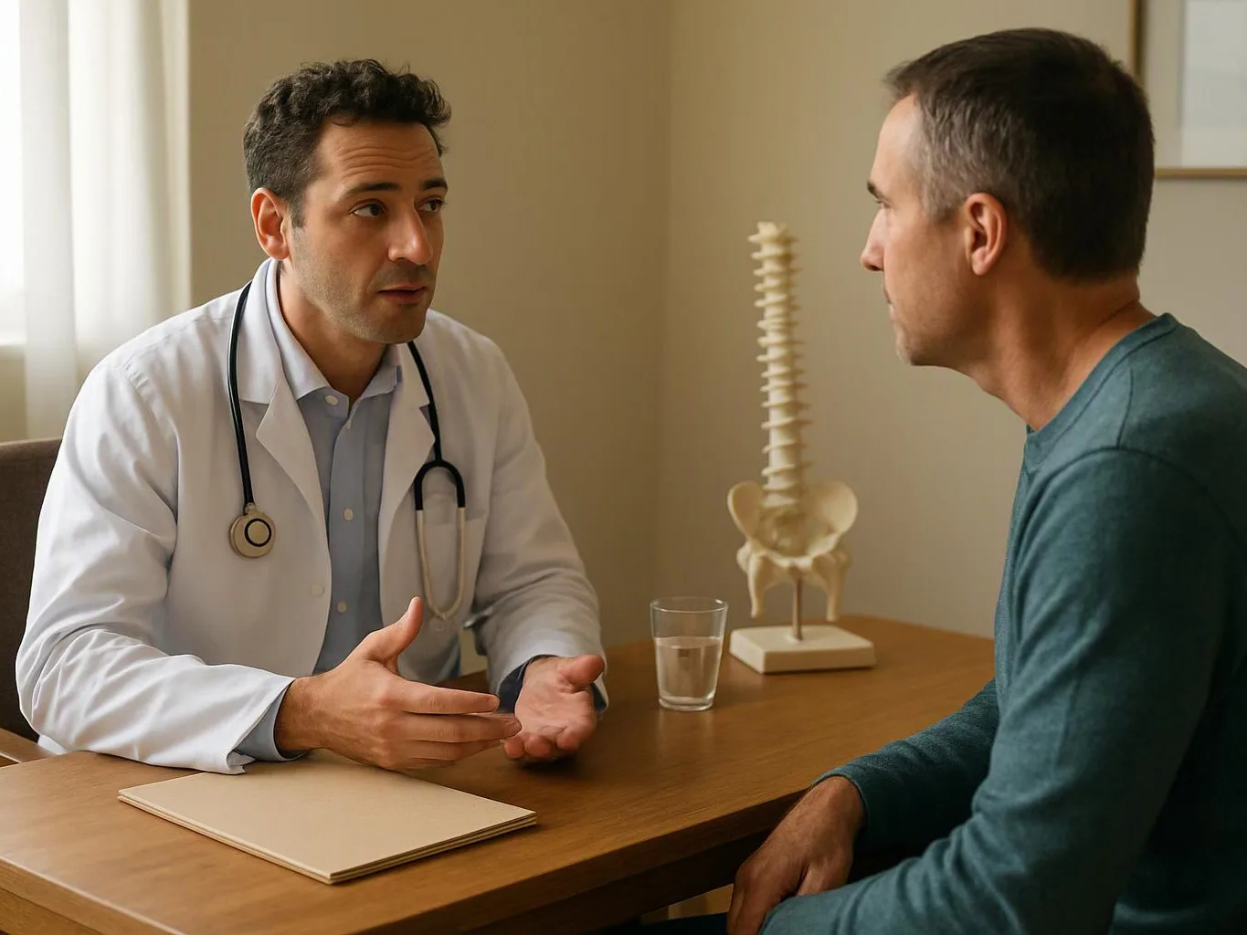 A doctor in a white coat talks with a seated man across a desk, with a spine model nearby