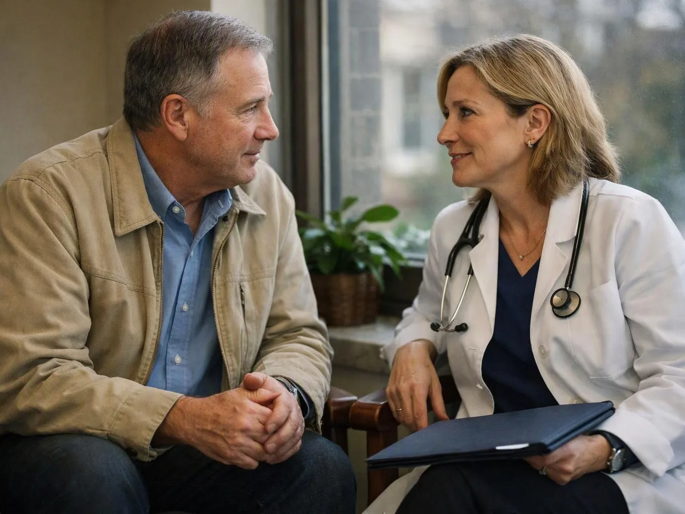 A doctor in a white coat talks with a seated man beside a window in a clinic office
