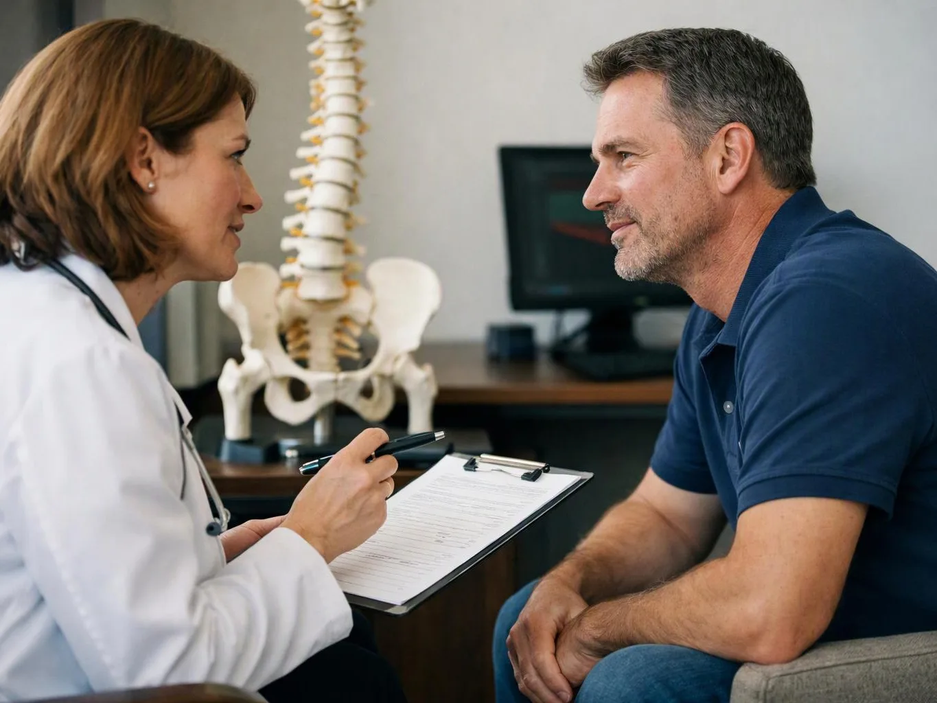 A doctor in a white coat talks with a seated man in a clinic, with a spine model behind them