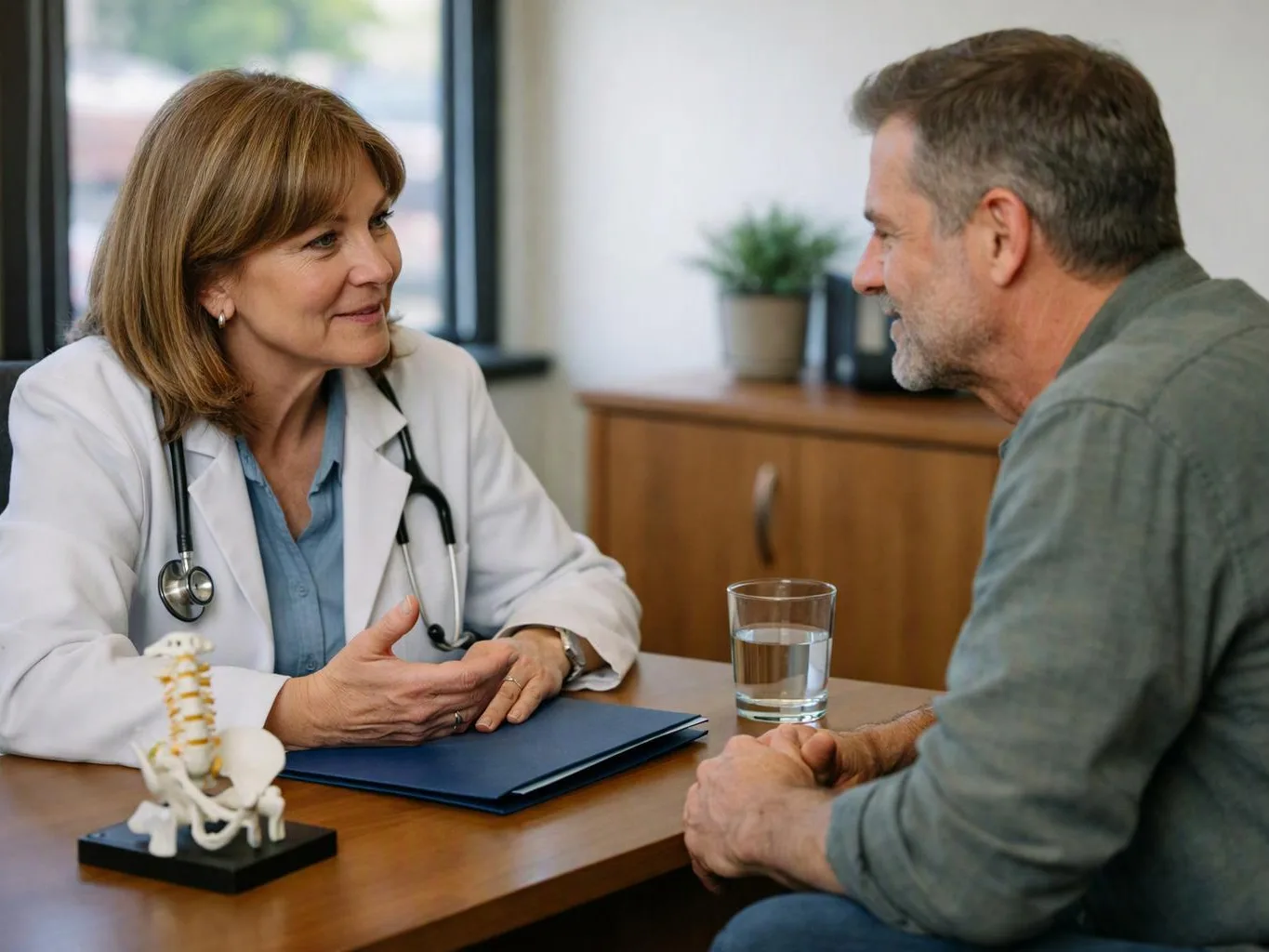 A doctor in a white coat talks with a seated man at a desk in a clinic office