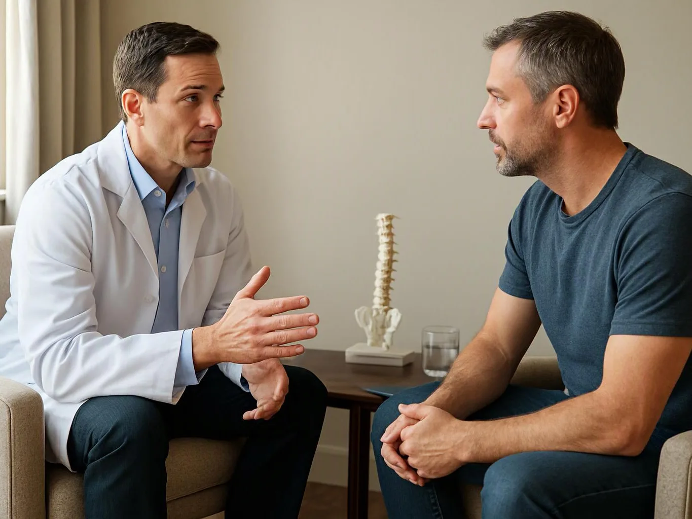 A doctor in a white coat talks with a seated man in a quiet exam room
