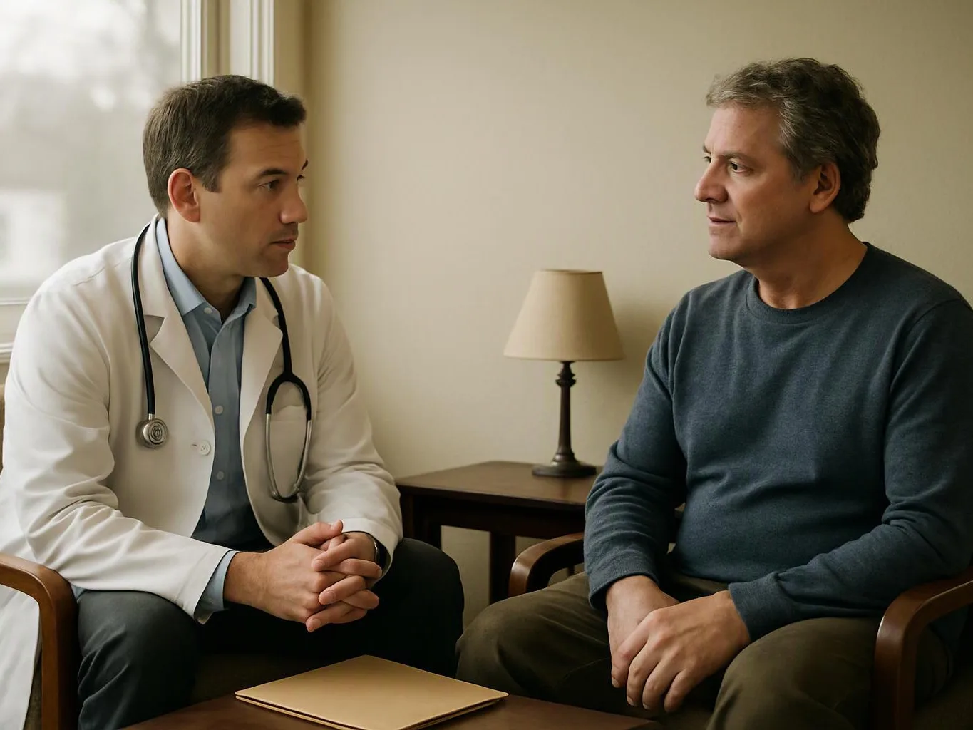 A doctor in a white coat talks with a seated man in a small office waiting room