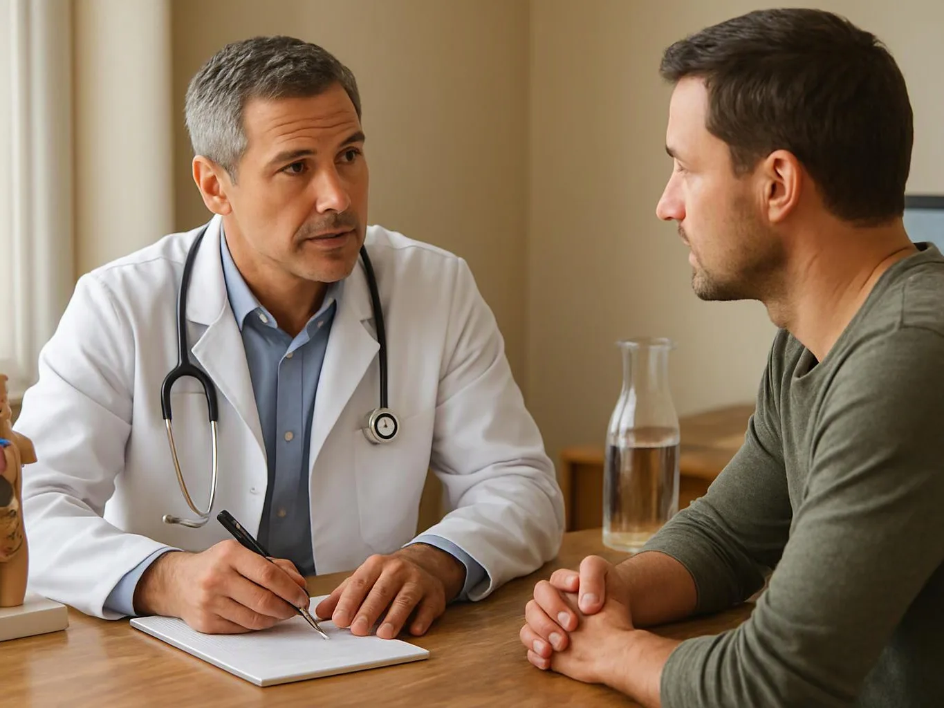 A doctor in a white coat talks with a seated man while writing notes at a table