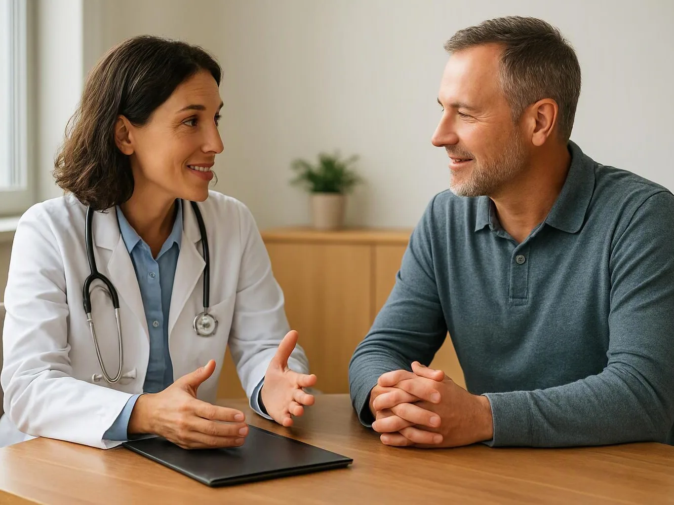 A doctor in a white coat talks with a smiling man at a desk in a bright room