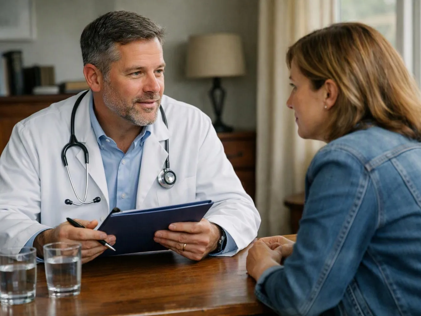A doctor in a white coat talks with a woman across a table in a home-like room