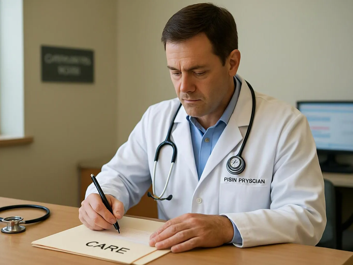 A doctor in a white coat writes on a folder at a desk in a clinic room