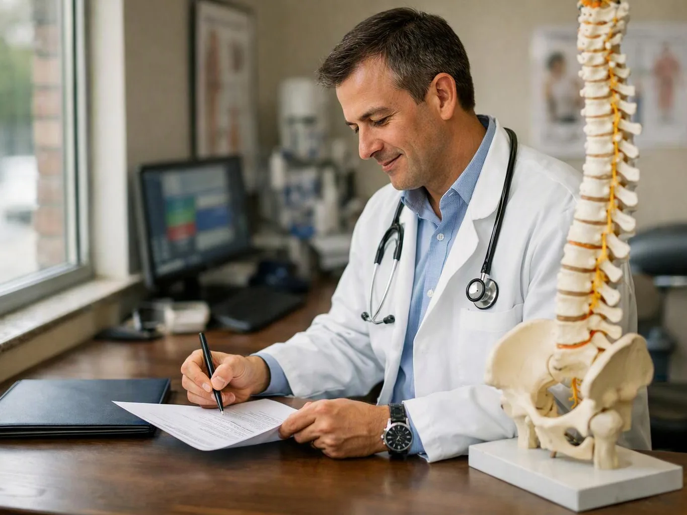 A doctor in a white coat writes on a form beside a spine model in a clinic office