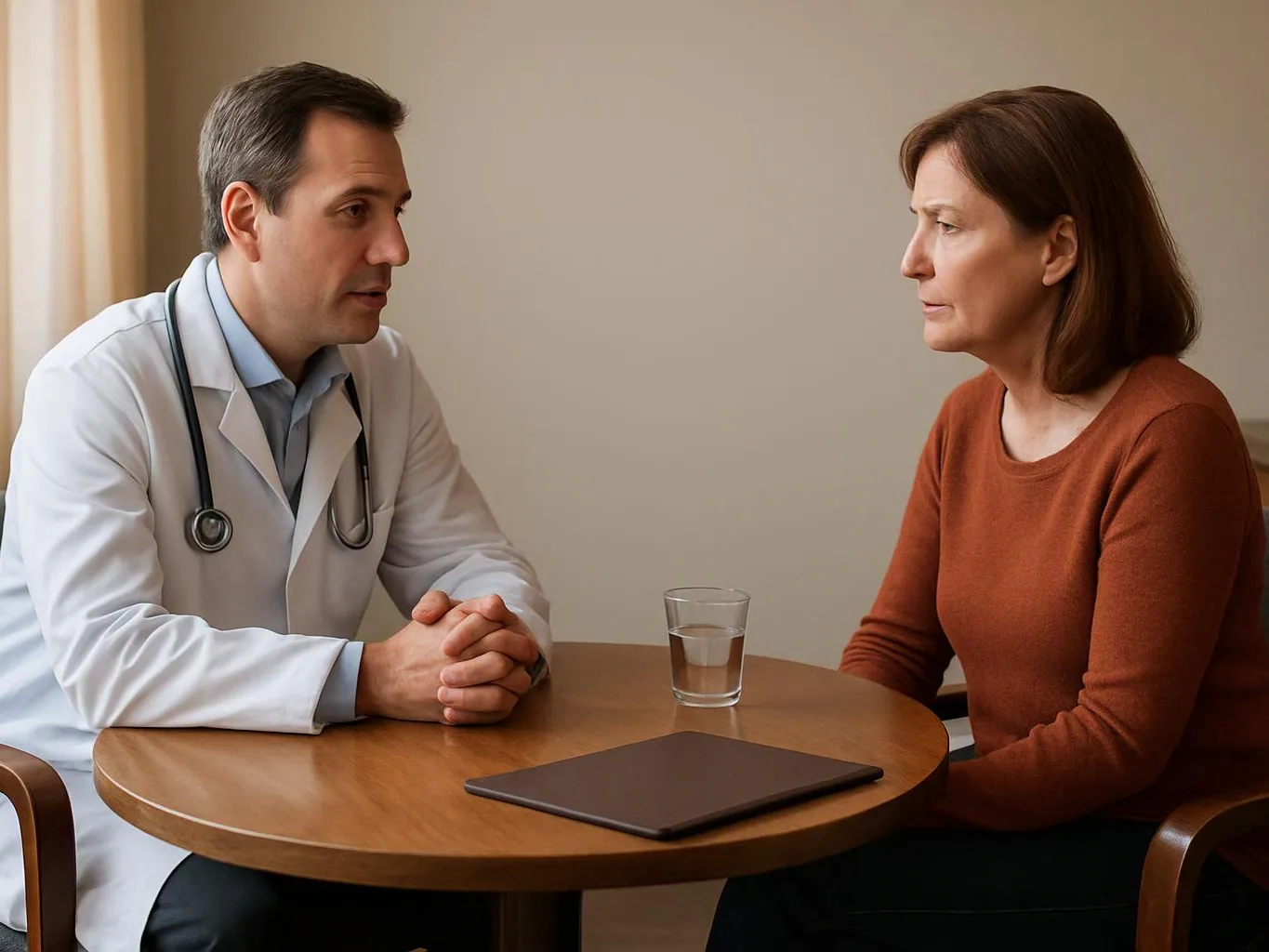 A doctor and a woman sit at a small table, talking quietly beside a glass of water and a closed folder