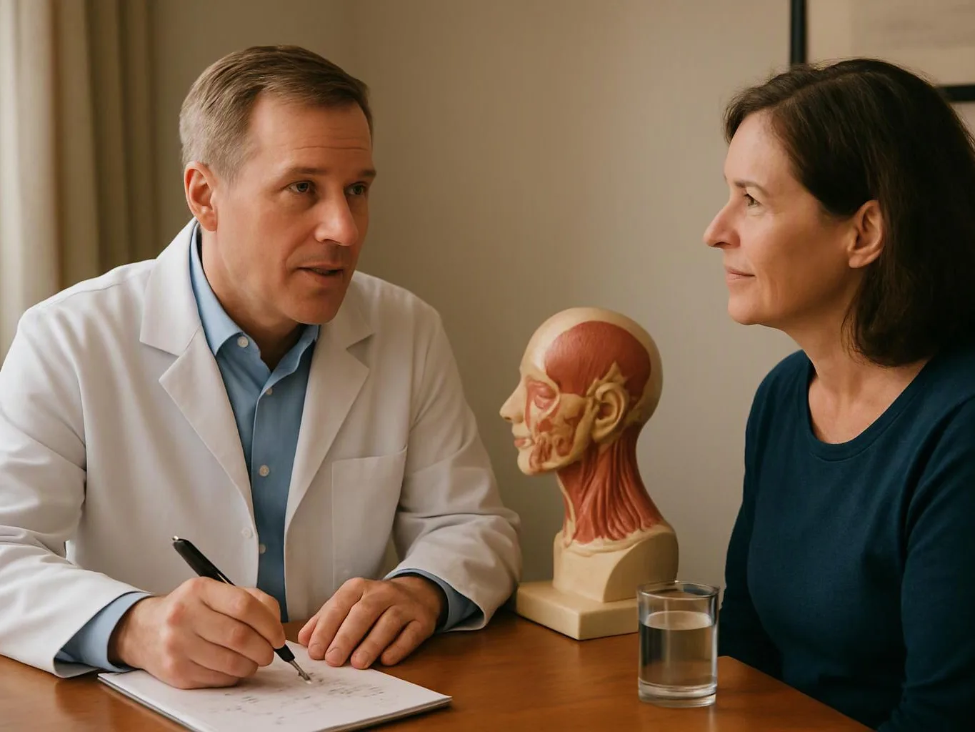 A doctor writes on a clipboard while speaking to a woman beside a anatomy head model and water glass