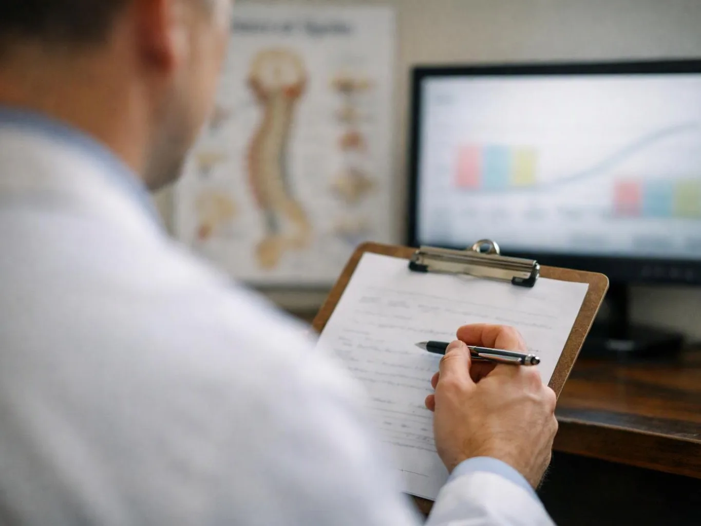 A doctor writes on a clipboard while viewing a blurred medical chart and monitor in a clinic
