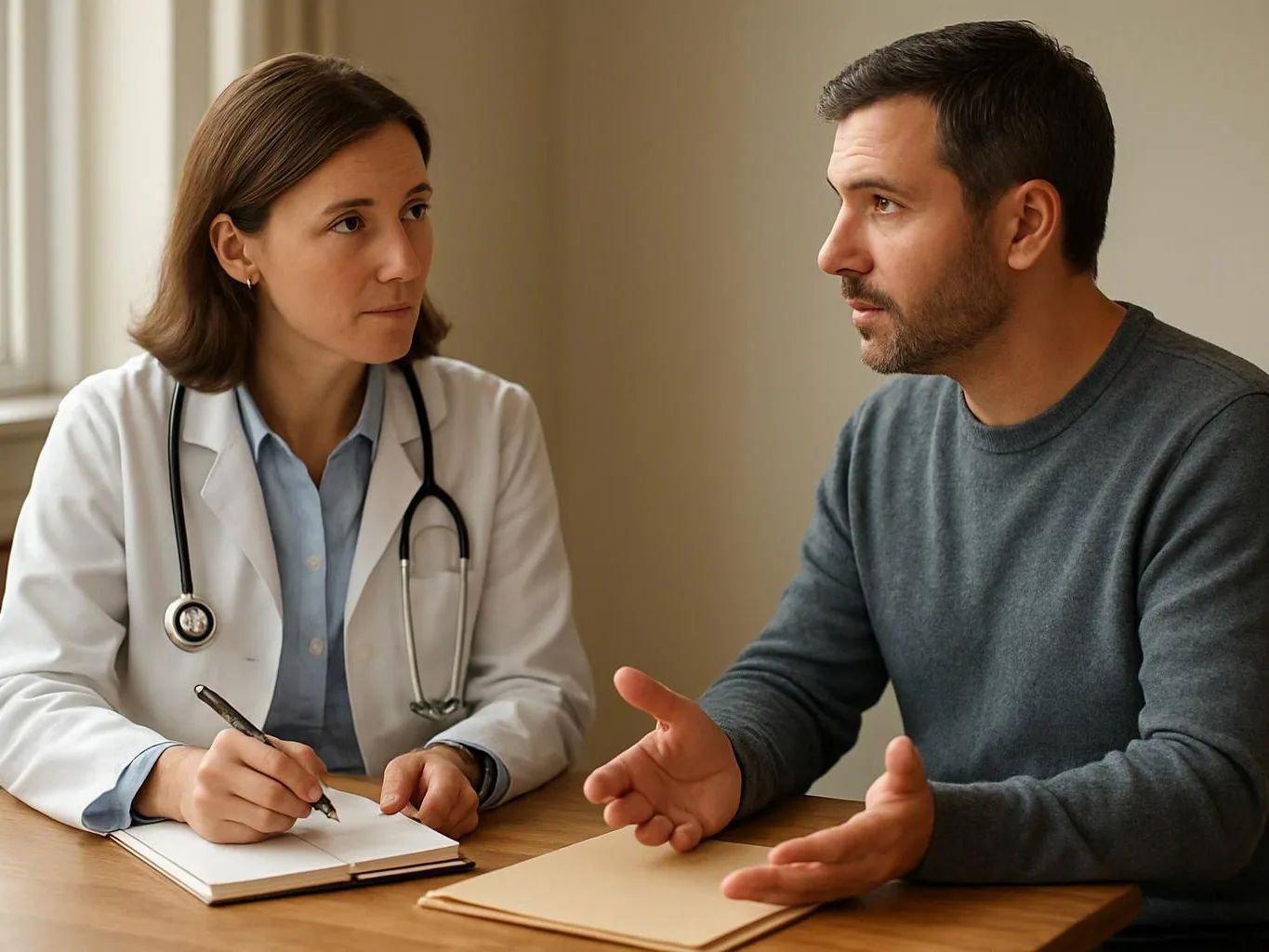 A doctor writes notes while listening to a man speaking at a desk in a clinic