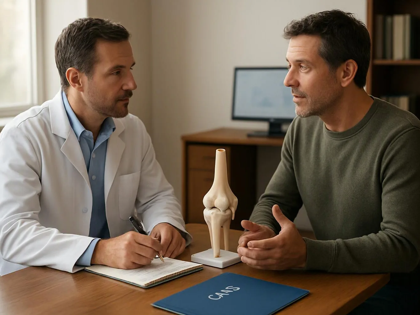 A doctor writes notes while speaking with a man beside a knee model in an office