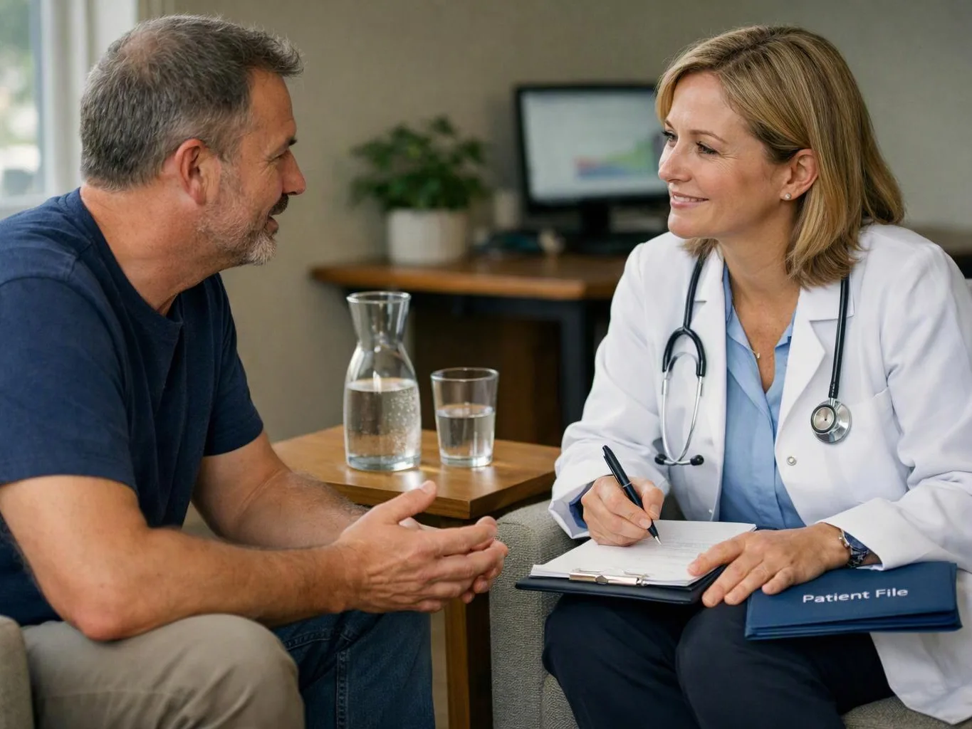 A doctor writes notes while speaking with a seated man in a clinic office