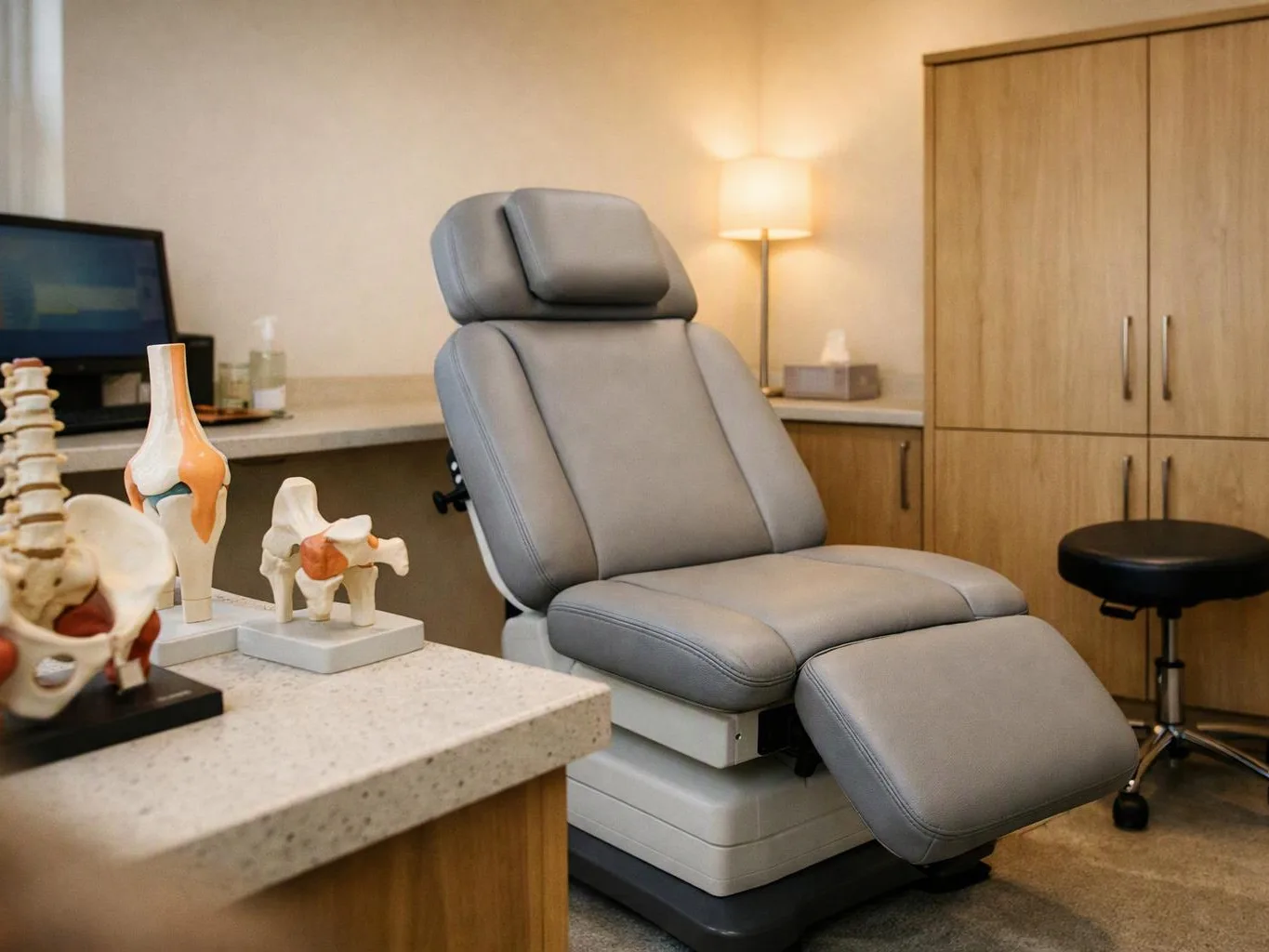 An empty exam room shows a gray treatment chair, anatomy models, cabinets, and a lamp under warm light
