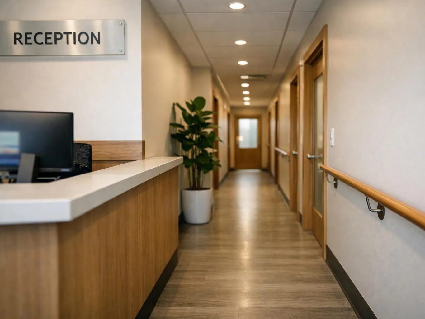 Empty reception desk beside a quiet hallway with doors, a handrail, and a potted plant