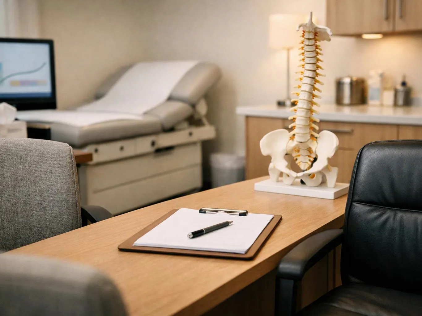 An exam room shows a spine model on a desk, with a paper, pen, and treatment table behind it