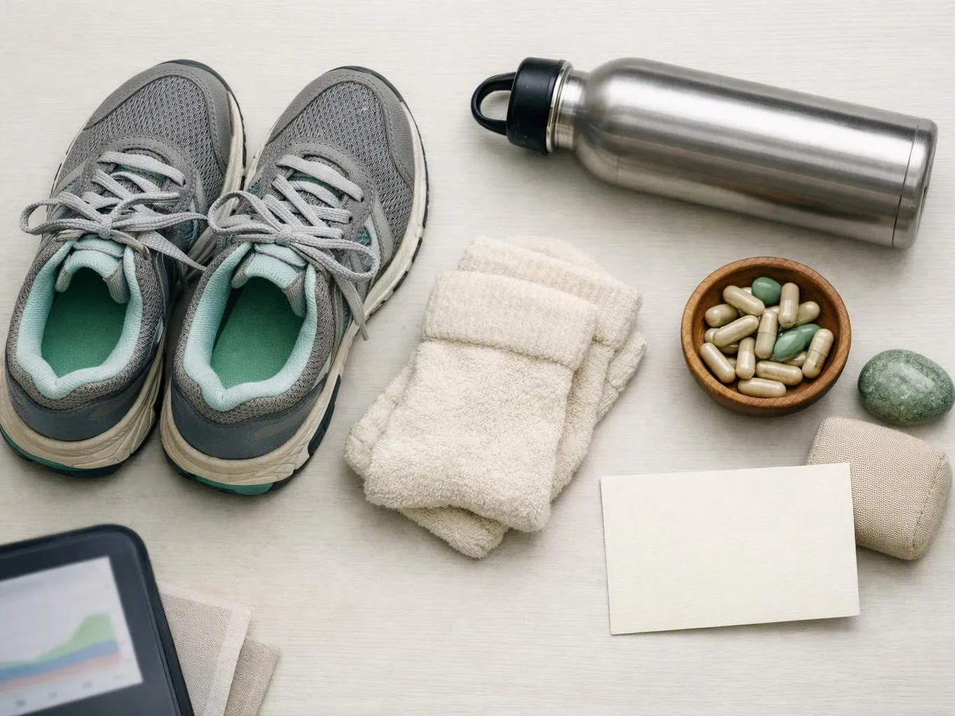 Fitness gear and wellness items are arranged on a light table beside a blank card and tablet screen