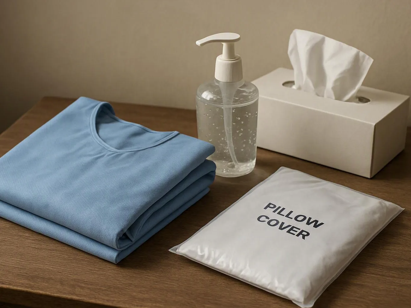 Folded blue bedding, a pump bottle, a tissue box, and a labeled pillow cover sit on a wooden table