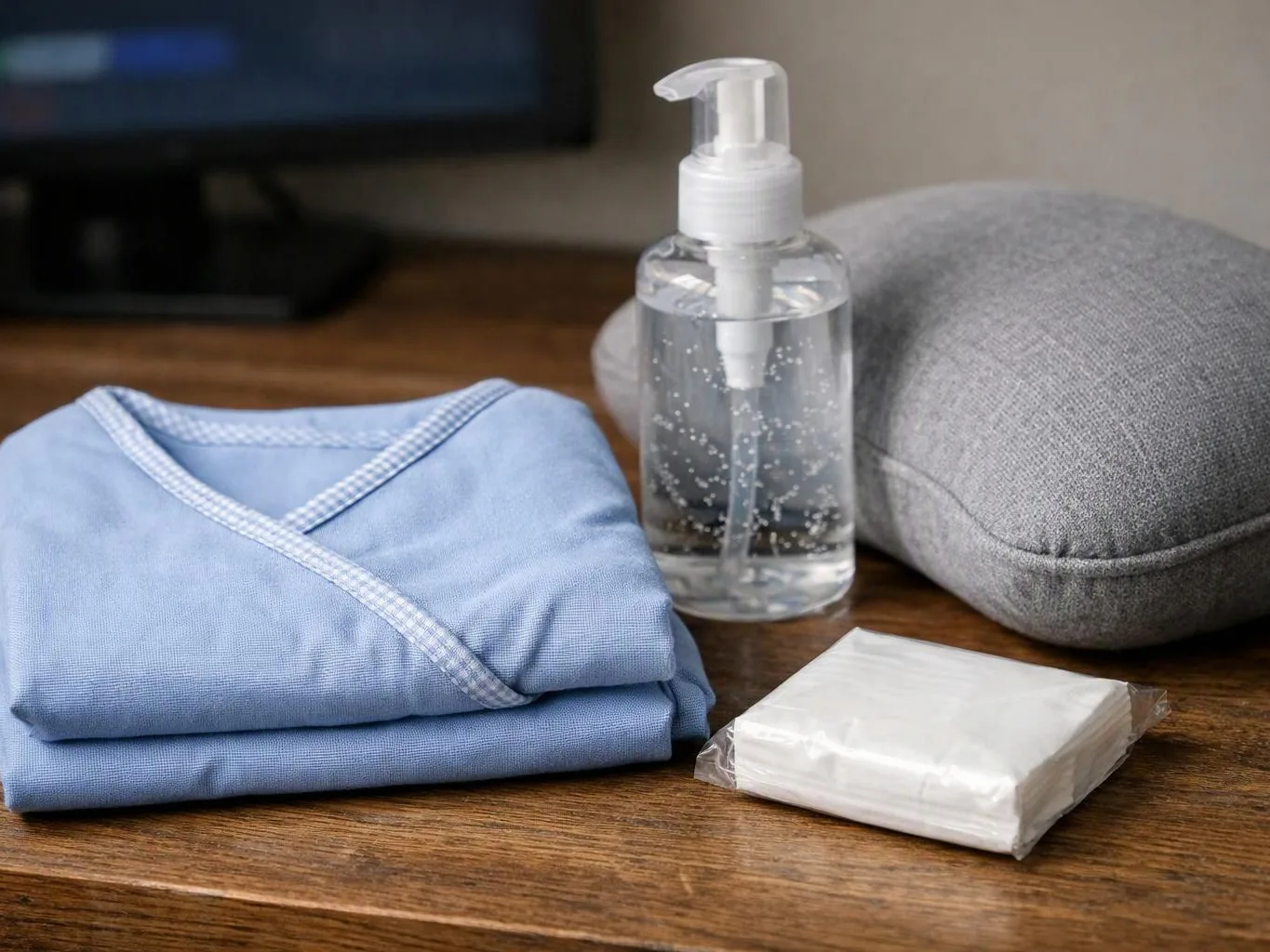 Folded blue cloth, sanitizer bottle, gray pillow, and wet wipes sit on a wooden table