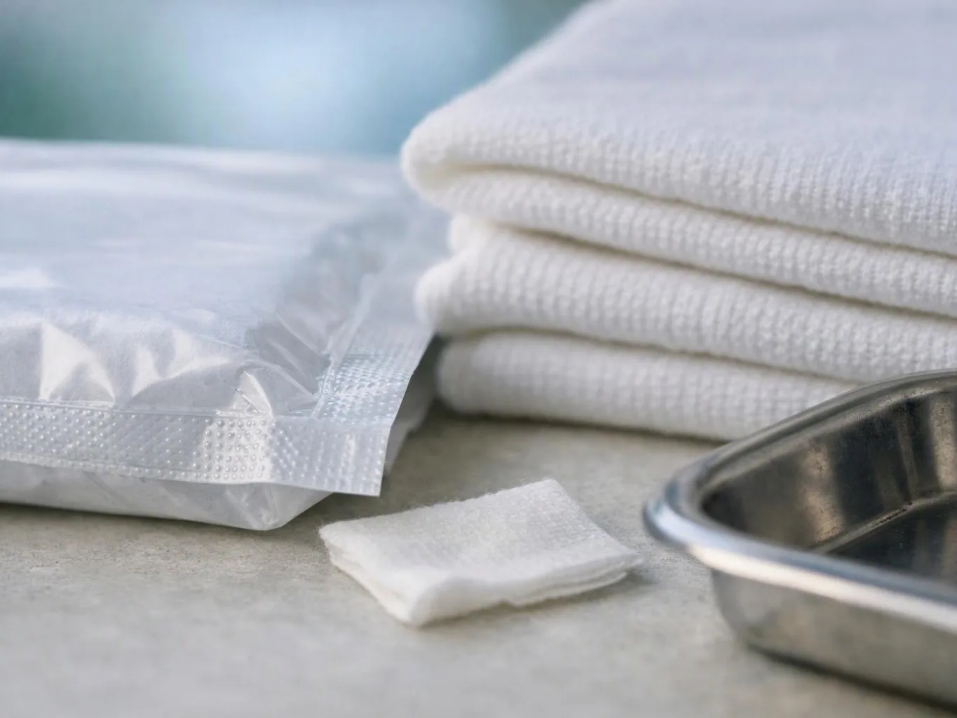 Folded white towels sit beside a sealed pouch, a gauze pad, and a metal tray on a countertop