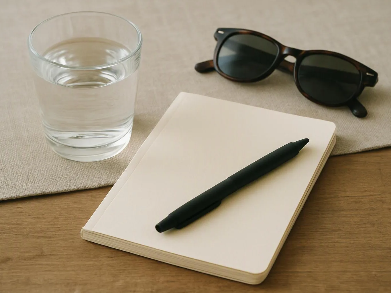 A glass of water, sunglasses, and a pen rest on a blank notebook on a wooden table