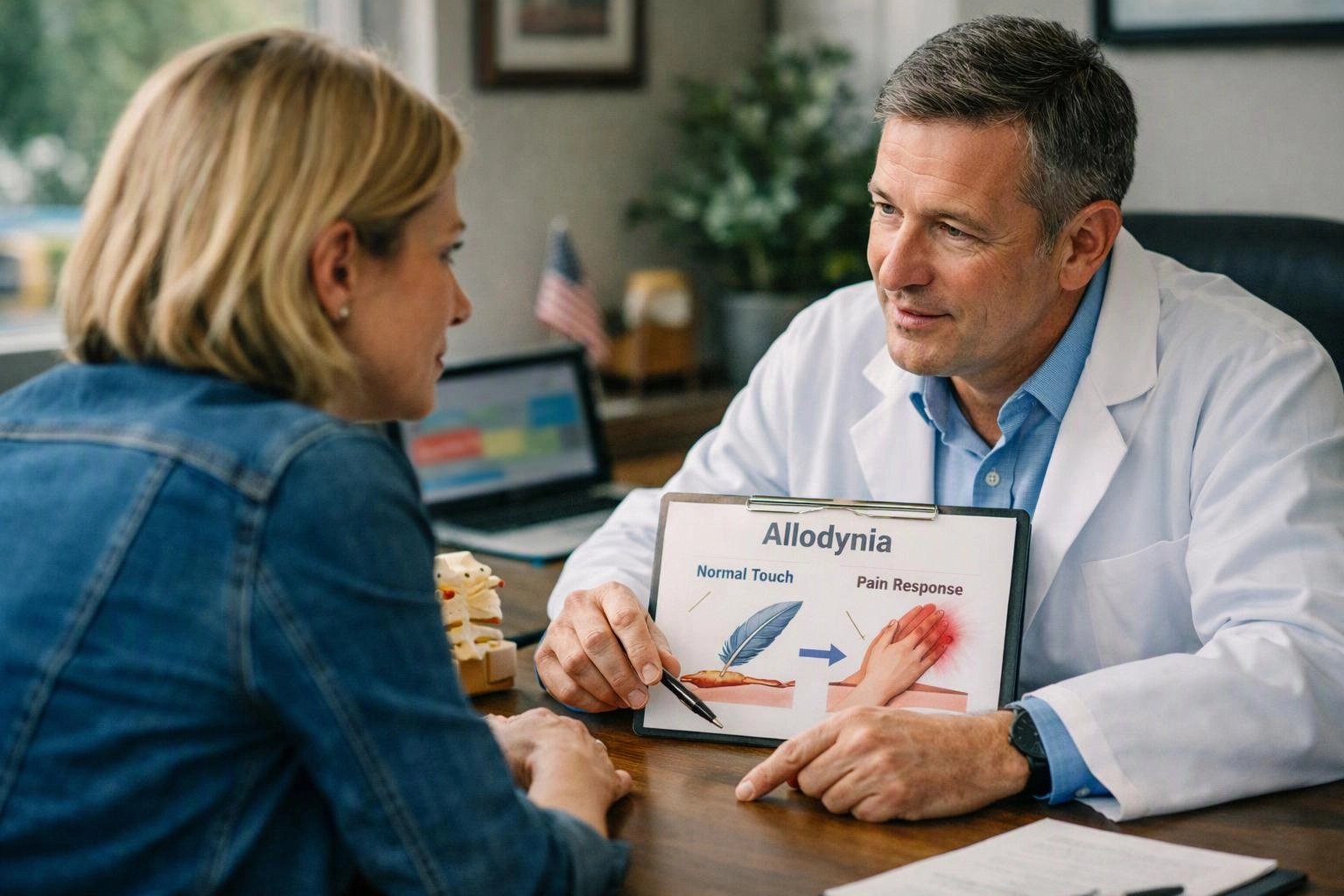 A doctor in a white coat shows a clipboard diagram about allodynia to a seated woman in an office