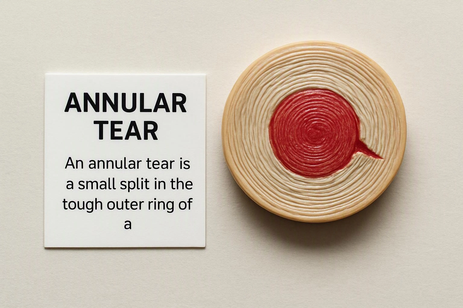 A medical diagram card labeled annular tear sits beside a circular cross-section graphic with a red split on beige background