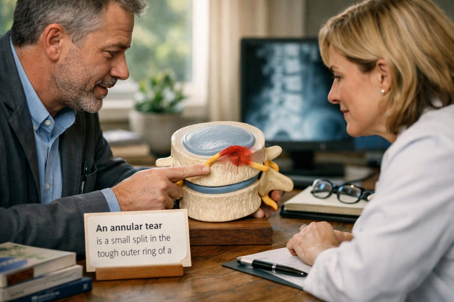 Two adults study a spine model at a desk, with an X-ray on a monitor and a note card in front