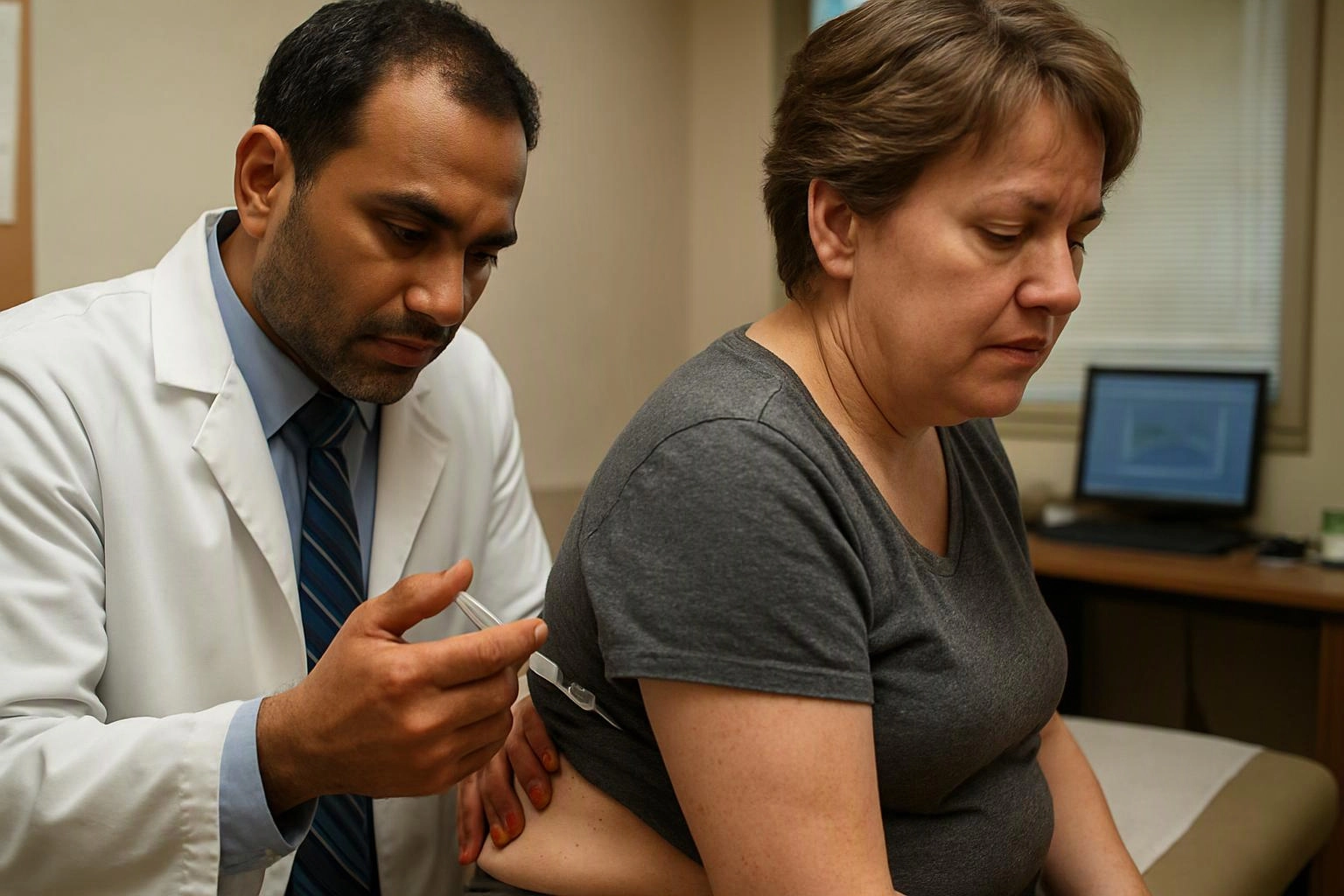 A doctor holds a stethoscope to a seated woman’s back in a small exam room